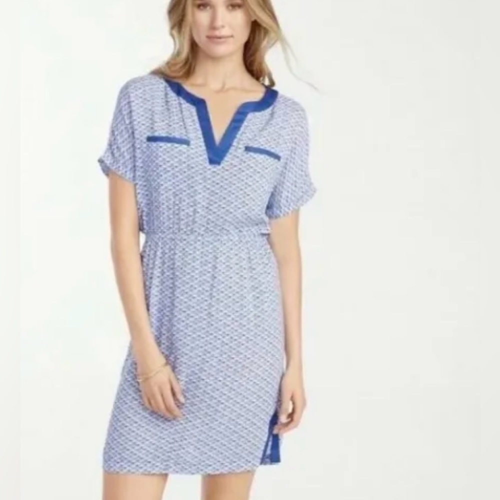 Tommy Bahama Fan Festival Split Neck Dress Size L Blue Sea Shells NWT